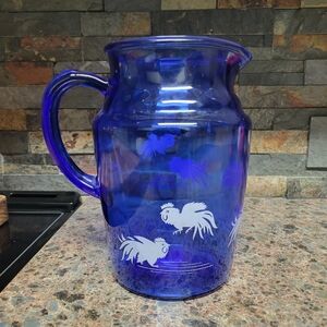 Vintage Hazel Atlas Colbalt blue sportsman full size pitcher with rooster etch
